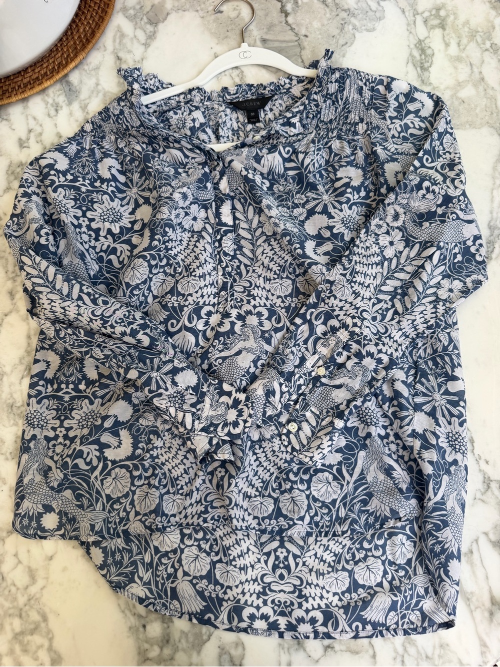 J. Crew Blue and White Floral Long-Sleeve Blouse